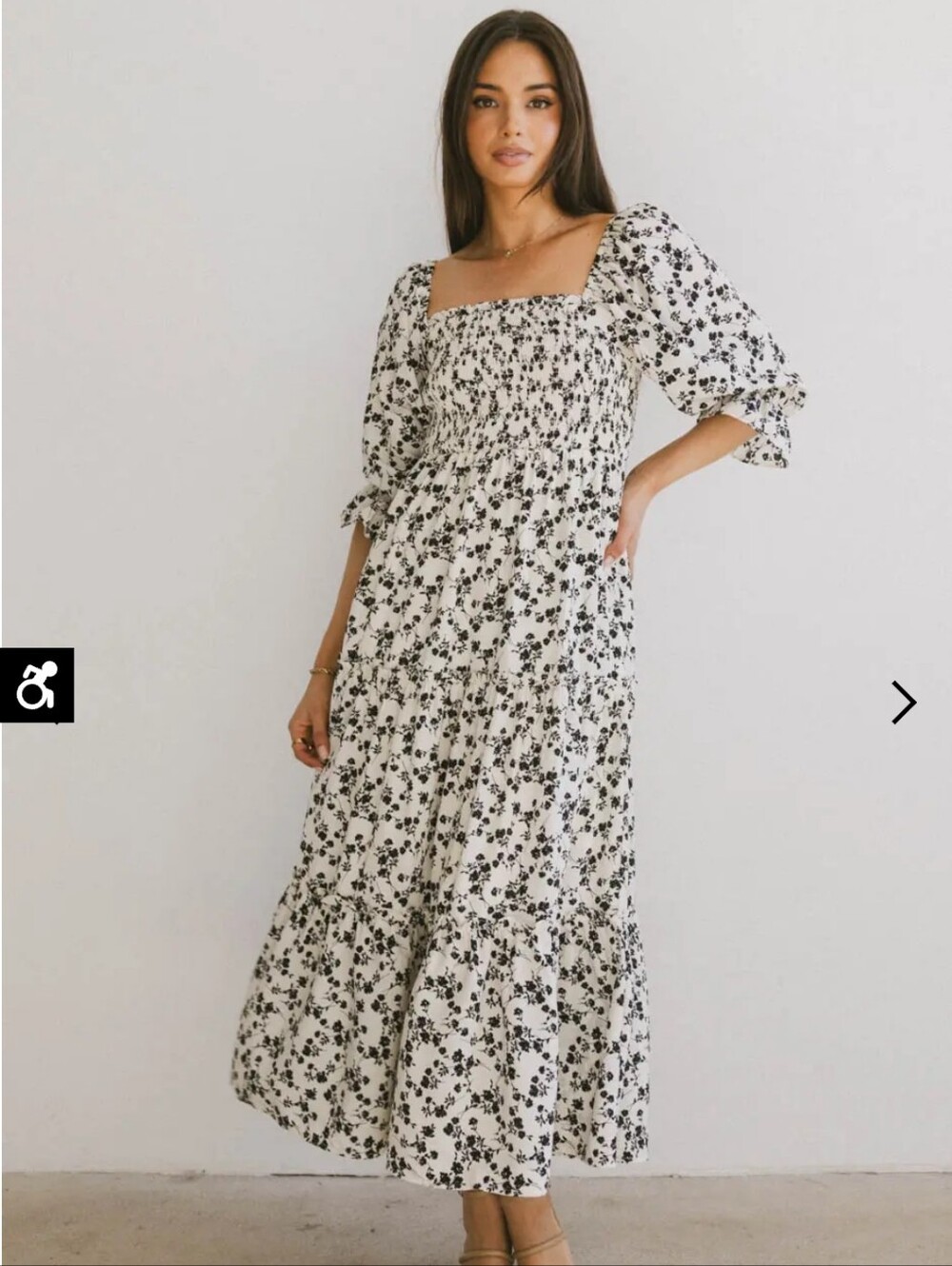 Bohme Cream And Black Floral Smocked Square-Neck Maxi Dress
